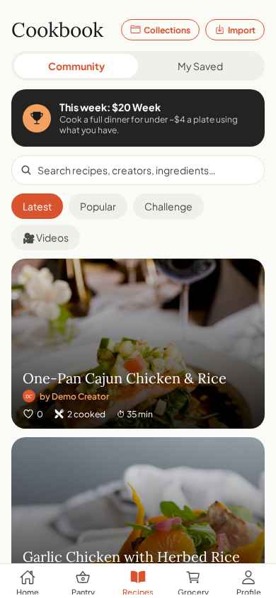 Community Cookbook — creator recipes, videos & challenges