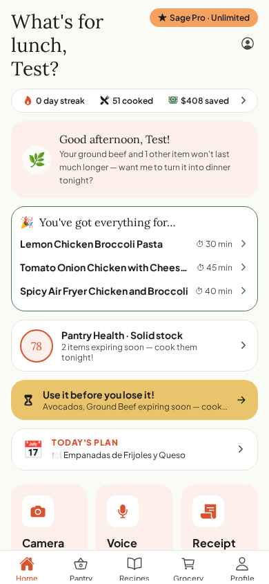 Home — Sage's daily greeting, streaks & one-tap scan actions