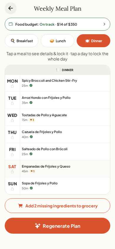 Weekly Meal Planner — Mon-Sun grid with live budget chip