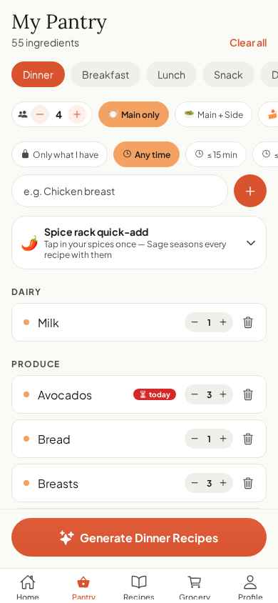 Pantry — live ingredient list with expiry flags & recipe filters
