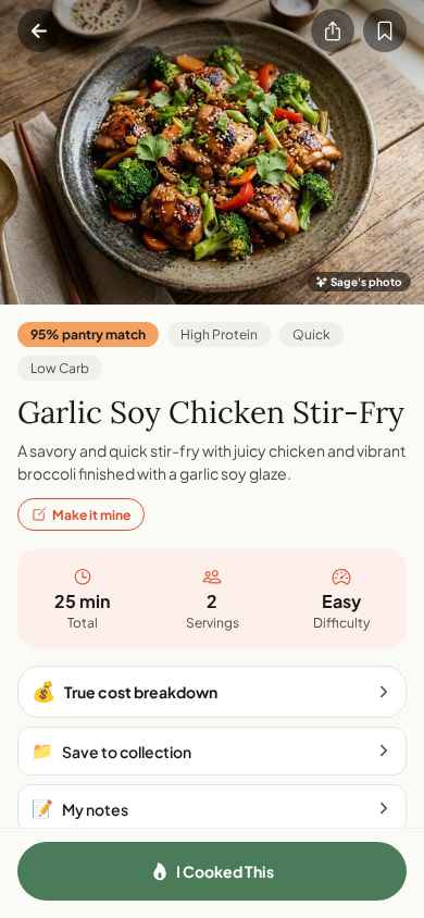 Recipe detail — AI dish photo, pantry match & cost breakdown